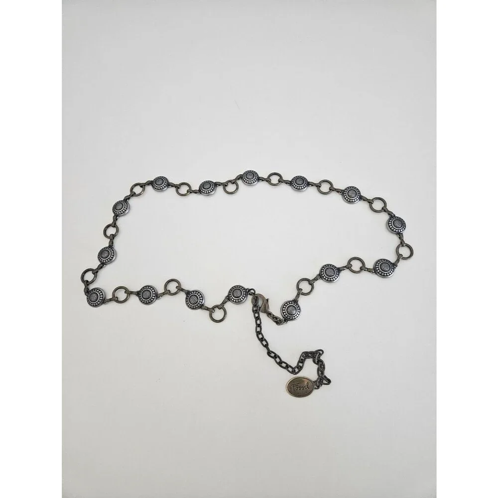 Fossil Medallion Brass Silver Ring Chain Belt Adjustable One Size Rodeo Western